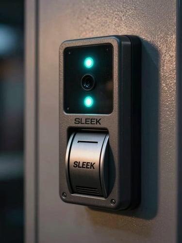 Sleek close-up of a physical access control terminal at a PC bang door, glowing cyan LED status indicator, sharp focus on the card reader, cool night lighting