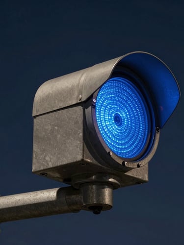 Extreme close-up of a ruggedized metallic traffic sensor mounted on a steel mast arm, cool blue LED indicator glowing under a dark sky.