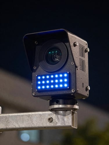 Extreme close-up detail shot of ruggedized traffic sensor hardware mounted on a clean steel mast arm, high-contrast night setting with sharp electric-blue LED indicator lights, technical command-center aesthetic.