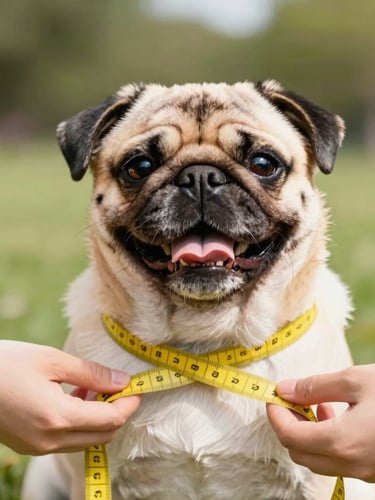 Vibrant pet photography, hands gently using a yellow measuring tape around the chest of a calm, happy pug, bright natural daylight, warm tones, shallow depth of field.