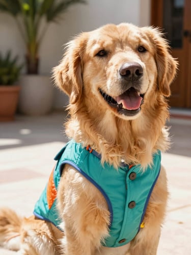 Close-up of a happy golden retriever wearing a colorful handcrafted teal vest, sitting in a bright sunlit patio in Mexico, warm natural lighting, 50mm lens