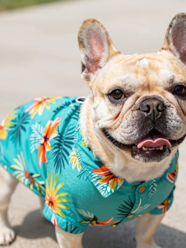 Vibrant pet photography of a happy French Bulldog wearing a colorful teal tropical shirt, bright natural daylight, looking directly at the camera, playful mood