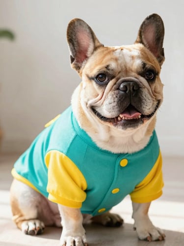 Vibrant pet photography, a cheerful French bulldog wearing a custom-tailored colorful teal and yellow shirt, sitting proudly in a bright room, natural daylight, warm tones, shallow depth of field.