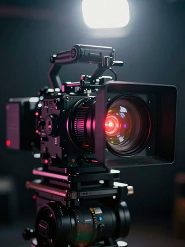 Extreme close-up of a high-end cinema camera rig, red status light glowing in a dark studio, anamorphic lens flare, cinematic lighting, 35mm grain.