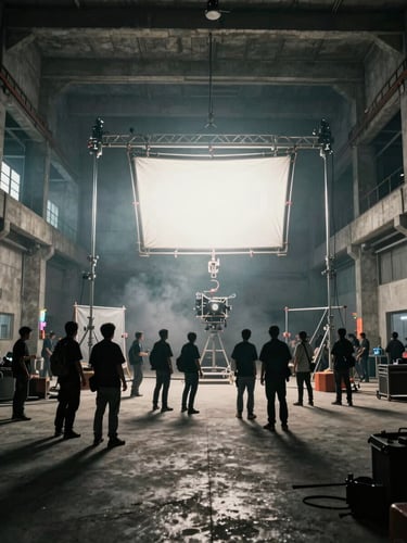 Wide environmental shot of a busy film set inside a concrete warehouse, massive lighting rigs suspended from metal scaffolding, haze in the air, cinematic shadows.