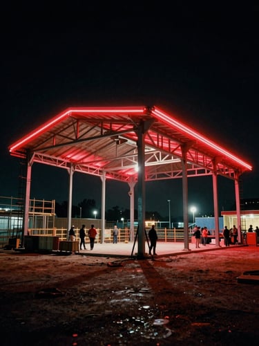 Wide-angle anamorphic shot of a massive steel brand pavilion under construction at a night festival, dramatic red neon lighting, crew working in the background, 35mm grain