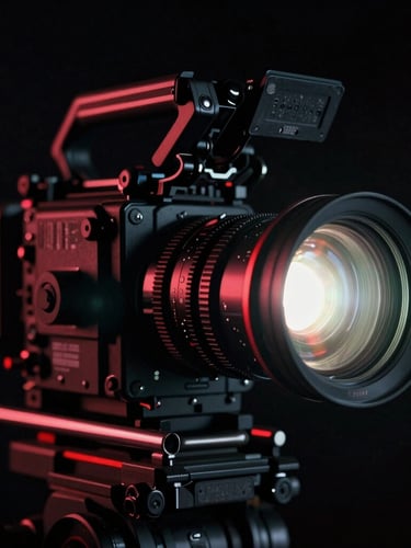 Extreme close-up of a professional cinema camera rig on a dark set, anamorphic lens flare, deep shadows with neon red accents, high contrast 35mm film grain
