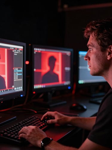 Close-up of a director looking at cinematic monitors on a dark set, red neon glow reflecting on glass, anamorphic framing