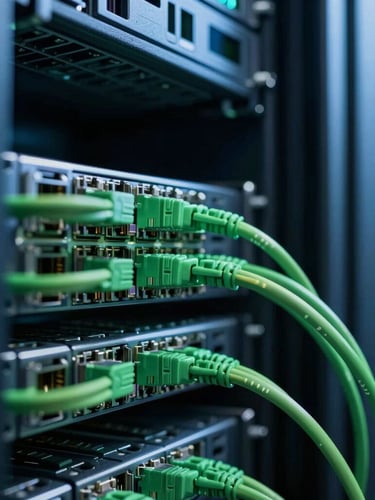 Sharp geometric lines of a modern corporate server room, cool blue and forest green lighting, macro focus on clean ethernet cabling, 35mm