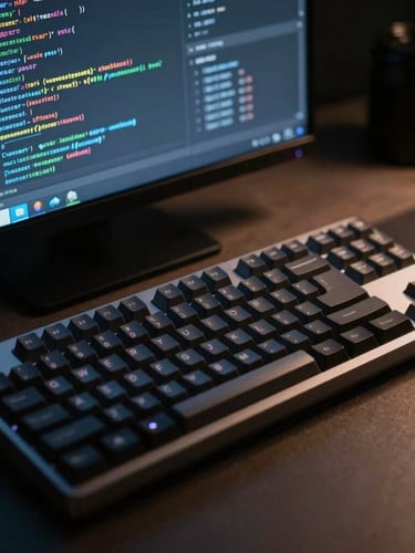Moody close-up of a code editor on a mechanical keyboard, cool ambient screen glow, minimalist workspace, sharp focus, 35mm lens