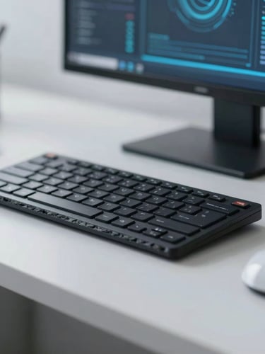 Macro shot of a high-end workspace with clean lines, subtle data visualizations on a screen in the background, cool diffused daylight, 35mm