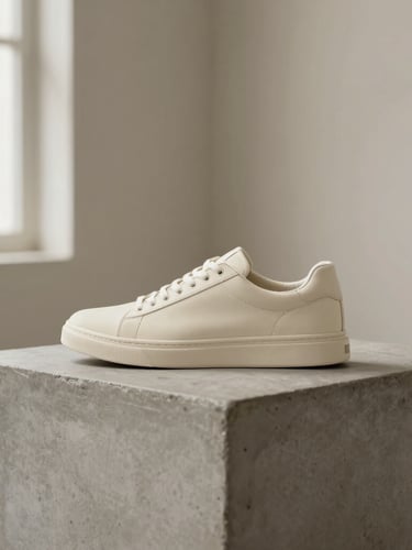 Minimalist studio shot of a clean, unbranded cream sneaker on a warm gray concrete pedestal, soft diffused natural window light, neutral tones, sharp 50mm lens.