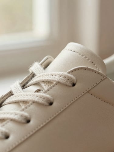 Macro close-up of clean double-stitching on a soft cream leather sneaker upper, warm natural window light, shallow depth of field