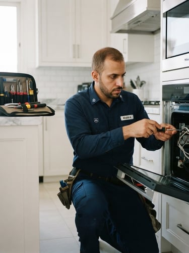 Close-up portrait of a professional, uniformed male technician with a clean, modern toolkit, in a brightly lit Riyadh home, focused and ready to work, high-end appliance in background, 35mm