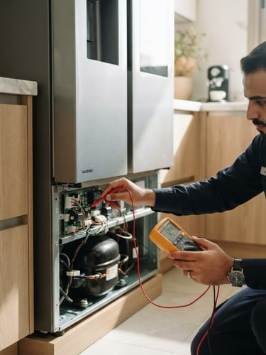 Professional uniformed technician diagnosing a modern high-end refrigerator in a clean Riyadh home, natural sunlight, medium close-up of hands on tools, sharp focus, 35mm