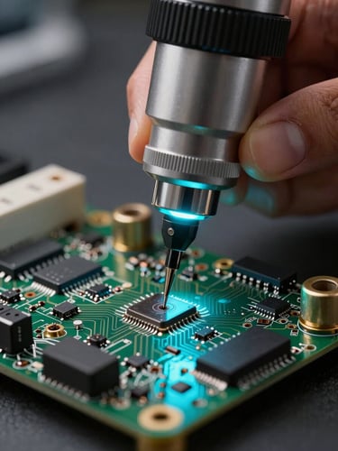 Macro shot of a technician micro-soldering a motherboard under a magnifying lens, electric cyan diagnostic light reflecting on the circuit board.