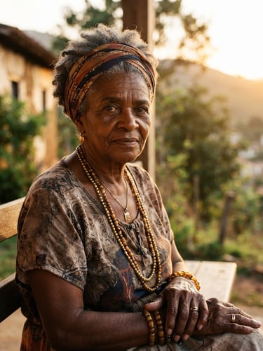 Portrait of an elder Afro-Brazilian community leader in São Gonçalo do Rio Abaixo, deep expression, natural golden hour lighting, high contrast, documentary editorial photography, 35mm lens