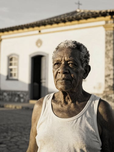 Documentary portrait of an elderly Afro-Brazilian community leader in São Gonçalo do Rio Abaixo, natural side lighting, high contrast black and white style with warm golden undertones, 35mm lens.