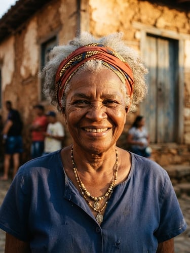 A close-up documentary portrait of an Afro-Brazilian community elder smiling warmly, set against the historic architecture of São Gonçalo do Rio Abaixo, natural golden hour lighting, rich earth tones with gold accents, high contrast, 35mm lens.