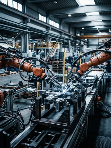 Wide-angle high-contrast industrial shot of a modern factory floor, robotic arms assembling metallic components under cool warehouse daylight, shallow depth of field.