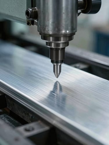 Macro close-up of heavy industrial machinery stamping raw aluminum, cool-toned warehouse daylight, sharp metallic focus.