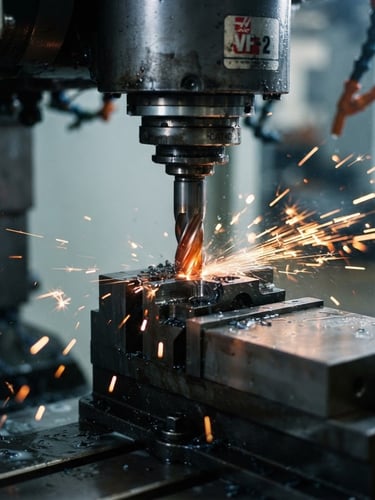 Macro close-up of high-precision CNC machinery milling steel, cool warehouse daylight, metallic safety-orange sparks, crisp depth of field, 35mm