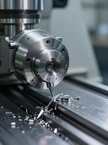 Macro close-up of a precision CNC lathe cutting raw aluminum, sharp metallic shavings, high-contrast industrial lighting, cool warehouse daylight, crisp depth of field