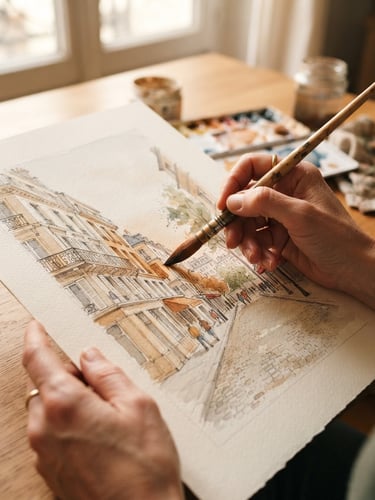 Close-up of hands holding a watercolor paintbrush over a textured paper sketch of a Parisian street, soft natural daylight, warm tones, 35mm