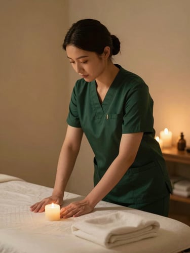 A professional female therapist in a clean dark green uniform, setting up a massage table, warm candle light, premium spa atmosphere