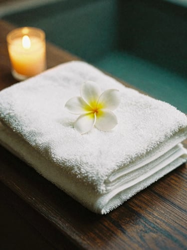 Close-up of neatly folded white towels and a single white frangipani flower on a dark wooden surface, warm candle light, 35mm photography