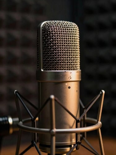 Close-up of a professional podcast microphone in a dark studio, warm gold light accentuating the metal grill, soundproofing foam in the soft-focus background.