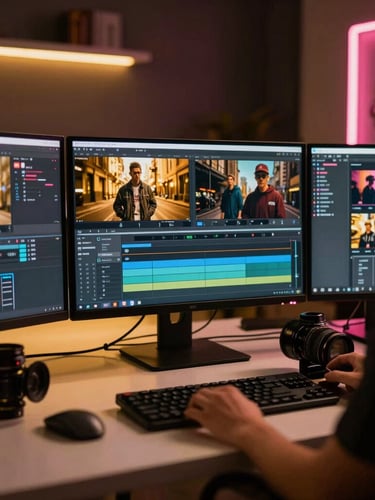 Behind-the-scenes video editing desk with glowing monitors showing video timeline, warm gold and subtle pink neon ambient lighting, professional studio setup, 35mm lens
