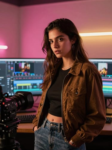 Aylin Favela in a modern video editing studio in Tijuana, neon pink and warm gold ambient lighting, professional monitors displaying timeline, camera in foreground, cinematic depth of field.