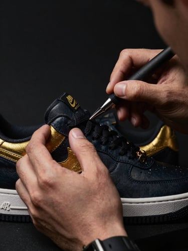 Close-up of hands painting a custom sneaker with gold accents, professional studio lighting, rich dark background, 35mm lens