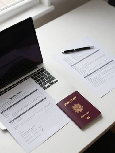 Overhead view of a clean desk, laptop open to a business registration form, a passport and printed documents to the right, soft natural window light from the upper left, minimal and precise