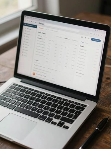 Close overhead shot of a laptop screen displaying an e-commerce seller dashboard with order metrics, soft natural window light falling across the keyboard, a pen resting beside the trackpad