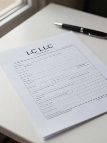 Close-up overhead view of a blank LLC formation intake form on a white desk, a pen resting across the top corner, soft natural window light from the left, crisp document edges visible
