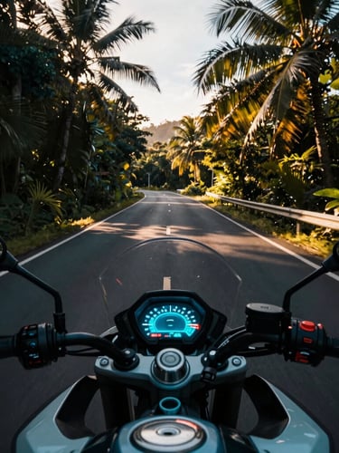 Dynamic POV shot from a motorcycle cockpit, showing a winding tropical road ahead, high-contrast, golden hour, neon blue accents on dashboard, 35mm lens