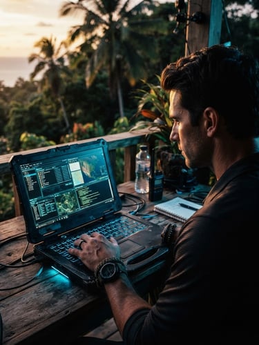 Over-the-shoulder shot of Ellis Reno III working on a rugged laptop in a tropical setting, golden hour light, high-contrast shadows, neon blue accents, 35mm lens
