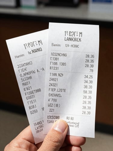 Close-up of two printed transaction receipts held in one hand under natural daylight, tracking numbers and amount lines clearly visible on the paper, counter surface blurred behind, documentary framing with no digital overlays