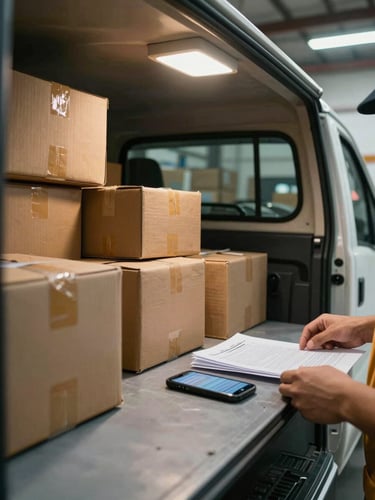 Wide medium shot of a logistics pickup counter interior under overhead warehouse light, packages stacked on one side and a mobile phone screen visible on the counter surface, a staff hand sorting documents, no posed subjects, documentary framing