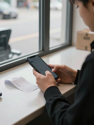 Medium shot of a person's hands holding a smartphone at a logistics counter, natural daylight from a side window, a printed receipt visible on the counter surface beside the phone, no faces shown, documentary framing