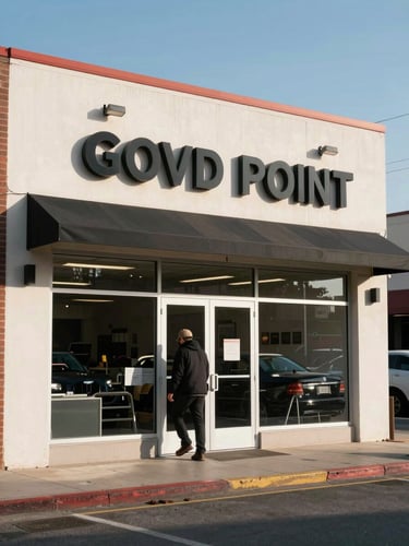 Wide shot of a pickup point exterior storefront in daylight, signage on the facade, a customer entering through the door, street-level urban setting, no styling or staging