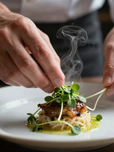 Extreme close-up macro shot of a chef's hands carefully placing a microgreen garnish on a beautifully plated dish, steam rising softly, natural directional light.