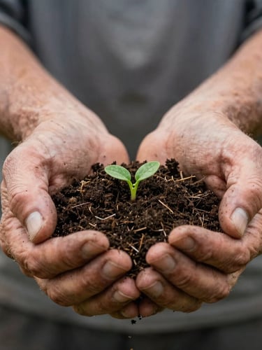 Close-up portrait of a farmer's weathered hands gently holding dark, rich soil with tiny green organic shoots, soft overcast Scandinavian daylight, shallow depth of field.