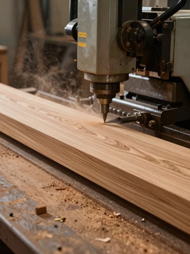 Dramatic side-lit industrial workshop, heavy CNC machinery cutting solid oak timber, rich wood dust in air, warm 35mm editorial photography.