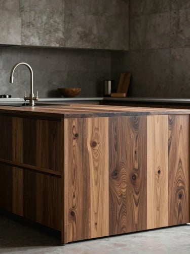 Dramatic side-lighting on a modern minimalist kitchen island, rich walnut wood grain, raw concrete architectural background, 35mm editorial photography.
