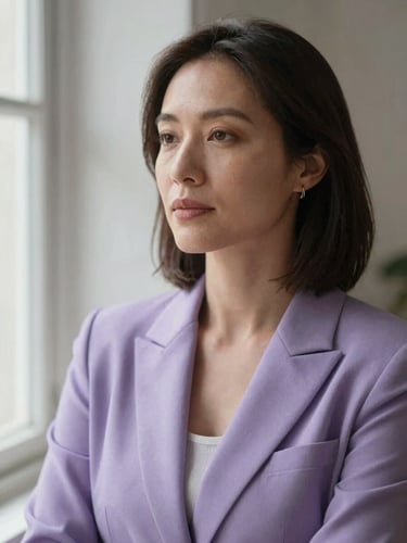 A thoughtful environmental portrait of a female leader looking off-camera, soft natural window light, muted lilac and plum tones, shallow depth of field, 35mm