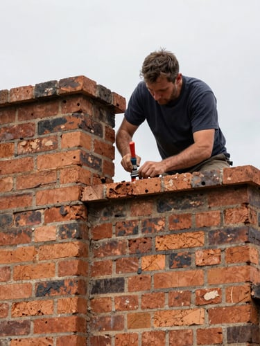 Skilled hands of a mason carefully repairing brickwork on an old chimney, focus on the tools and the textured brick, natural overcast daylight, warm heritage utility style.