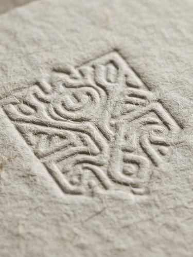 Macro detail shot of physical brand collateral, heavy textured cardstock with debossed typography, sharp natural daylight, soft shadows, desaturated tones, 50mm lens